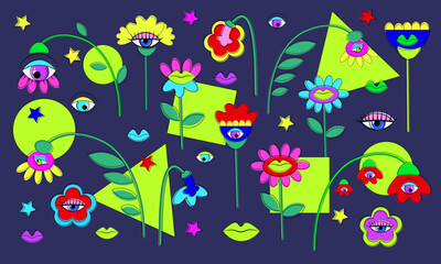 Many colored bright retro floral set. Cartoon vintage 80s herbs and chamomiles with eyes and lips isolated flowers for greeting card or holiday frame and pattern