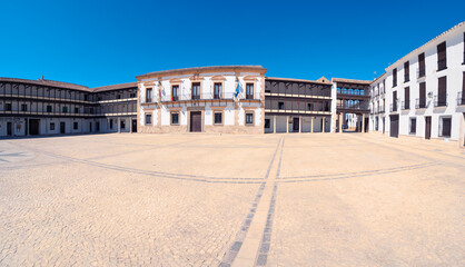 Panoramic of the Plaza de Tembleque in the province of Toledo of the autonomous community of Castilla la Mancha in Spain without people.
