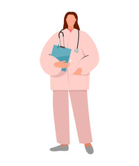 Full length doctor with stethoscope and folder. The doctor is a woman. Illustration isolated on a white background.