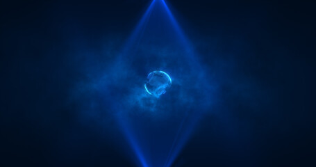 Abstract blue planet earth spinning with futuristic high-tech particles bright glowing magical energy, abstract background