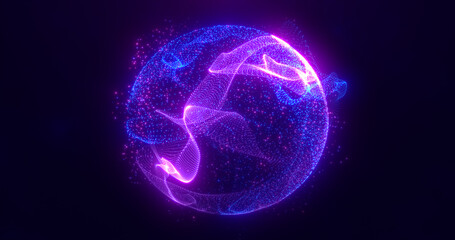Abstract round blue to purple sphere light bright glowing from energy rays and magic waves from particles and dots, abstract background