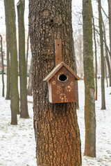 Blurred image of a birdhouse on a tree in the park.Animal care concept.