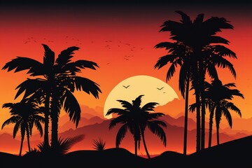Fototapeta na wymiar Palm palms in the light of sunset. Generative AI