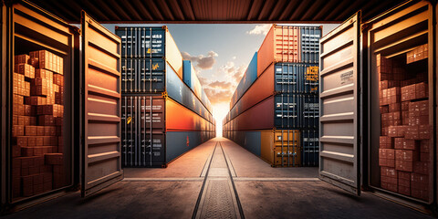 Storage at port with containers at sunset. Generative AI