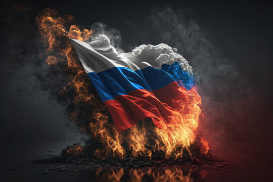 Russian flag burning in flames after war. Generative AI