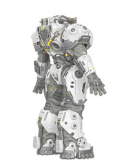 powered combat suit in a pose rear side view