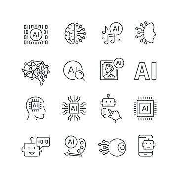 Artificial intelligence related icons: thin vector icon set, black and white kit