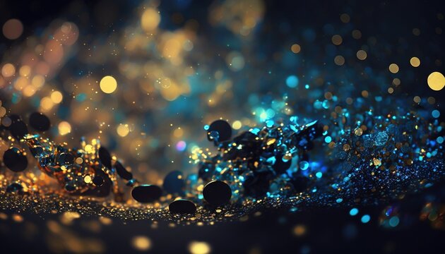  A Blurry Image Of A Blue And Gold Background With A Lot Of Small Circles Of Lights In The Middle Of The Image And A Blurry Background.  Generative Ai