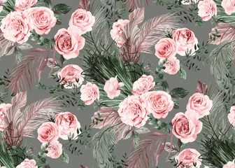 Behang Seamless watercolor pattern with flowers of delicate roses and dry branches and leaves of palm trees © Марина Воюш