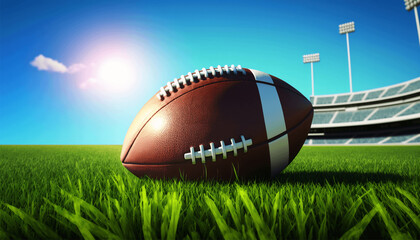 american football ball on the grass under the bright sunny daylight