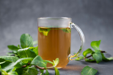 Aroma a glass of herbal tea with mint on a dark background close up. The concept of a healthy breakfast drink for immunity and vigor.