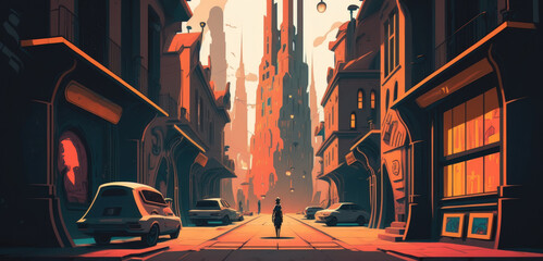 A illustration of a street in the business district. a futuristic, cyberpunk cityscape. Generative AI
