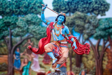 India, Vrindavan, January 2020: Dancing Krishna. Sculpture at Prem Mandir temple is maintained by Jagadguru Kripalu Parishat, an international non-profit, educational, spiritual, charitable trust. - 569638117