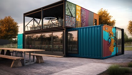 modern contemporary restaurant or cafe made from shipping container, Asian theme, Generative Ai