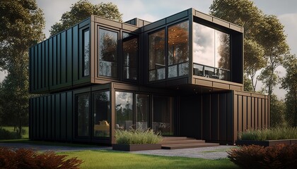 concept of sustainability and recycle , container box remake as restaurant, office or house, modern and Contemporary design with nature landscape background, Generative Ai