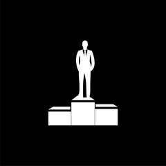 Person raised his hand sign. Business skill symbol icon isolated on black background.