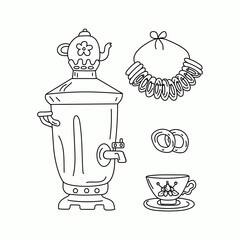 A set of icons in the Doodle style. Symbols of Russian culture.  Samovar, teapot, tea, cup and saucer. Bunch of baked goods, bagel. Vector illustration. Isolated background.