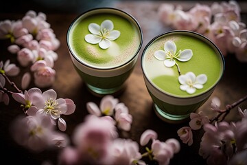 Obraz na płótnie Canvas Artistic beautiful romance two cups of green tea or coffee with cherry blossom flower branch, spring season and national spring festival theme drink, idea for background or wallpaper, generative Ai