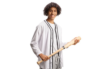African american guy holding a baseball bat and smiling