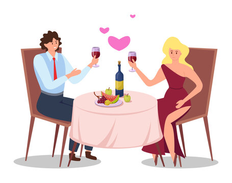 Happy couple in formal clothing drinking wine at restaurant. Wife and husband having romantic dinner or celebrating anniversary flat vector illustration. Romance, love, celebration concept for banner