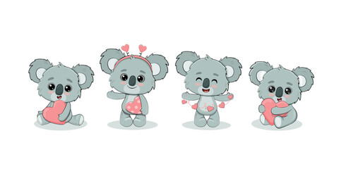 set of cute cartoon koalas with a heart on white background. Koala bear.Valentine's day card.Vector illustration