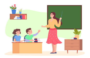 Female teacher teaching little boy and girl in classroom. Pupils sitting at desk and woman standing near blackboard flat vector illustration. Education, knowledge concept for banner, website design
