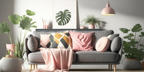 Poster above grey sofa with pink blanket in living room interior with lamp and plant. Real photo. Generative AI