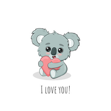 Cute cartoon koala with a heart on white background. Valentine's day card.Vector illustration