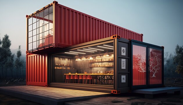 modern contemporary restaurant or cafe made from shipping container, Asian theme exterior style , Generative Ai