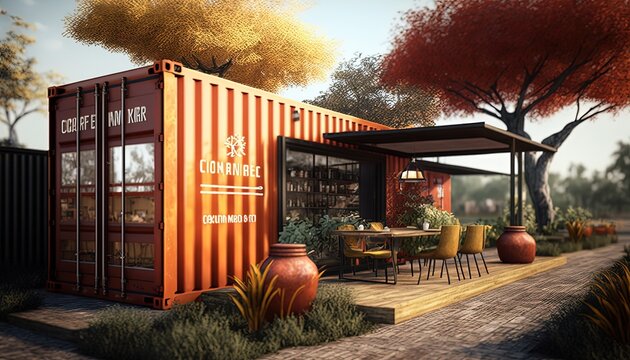 modern contemporary restaurant or cafe made from shipping container, Asian theme exterior style , Generative Ai