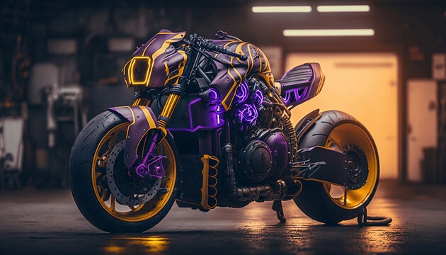 Futuristic sci-fi cyberpunk sports bike motorcycle with neon lights. Generative AI digital illustration