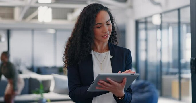 Business woman, tablet and planning in office for analytics, iot innovation and smile. Happy female worker, digital technology and website for internet search, data management or productivity online