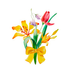 A bouquet of spring flowers. Lilies, tulip, bell. Watercolor illustration on an isolated background. International Women's Day. valentine's day. Holidays.
