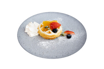 Delectable Waffle Delight: A visually stunning waffle creation adorned with an array of fresh...