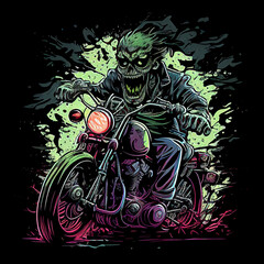 motorcycle riding zombie suit design, cartoon illustration ,generative ai technology