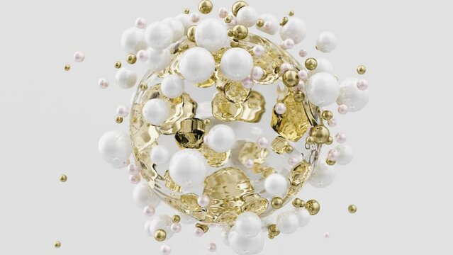 Crystal transparent liquid ball with golden molecules inside and white and metal golden soft spheres outside. 3D liquid spheres. Beauty vitamin molecules flying around.