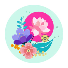 Spring floral sticker with bright colored flowers on a green circle background