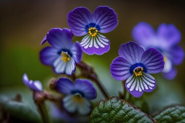Violets in bloom, wild violets in the field, violets with delicate petals, spring flowers macro, flower head, floral picture, macro photography, stock shot. Generative AI