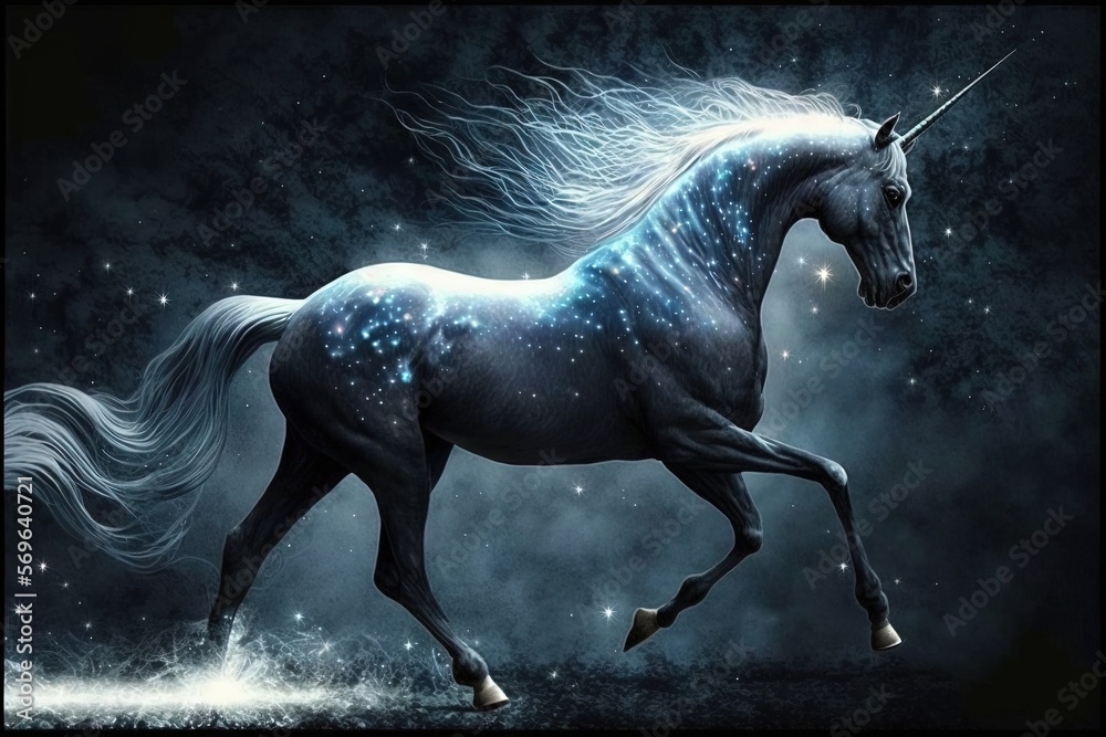 Poster a black and white unicorn with a long mane running through the night sky with stars on its tail and 