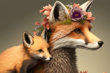 Beautiful fox mother and baby fox animals with flower crown. Wildlife Mother’s Day colorful greeting poster Generative AI.