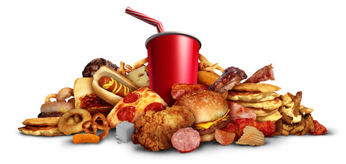 Consuming junk food as fried foods hamburgers soft drinks leading to health risks as obesity and diabetes as fried foods high in unhealthy fats on a white background - obrazy, fototapety, plakaty