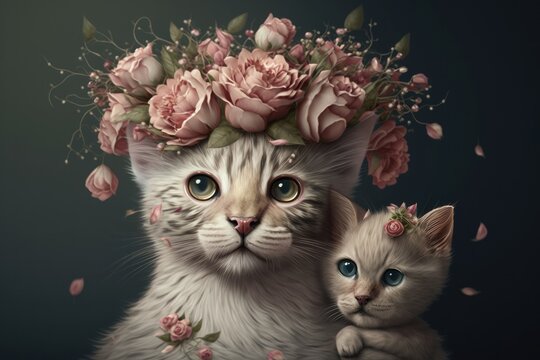 Beautiful mother and baby cat animals with flower crown. Colorful portrait wallpaper. Mother’s day Generative AI.