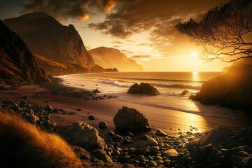 Picturesque sea bay in sunset light. Essence of peaceful coastal escape in golden colors. Based on Generative AI