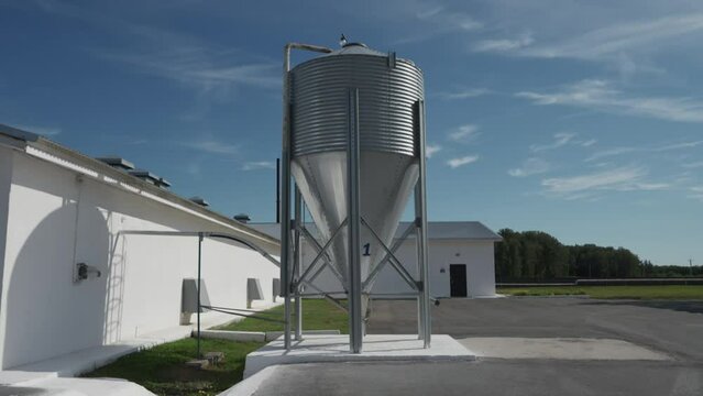 Agricultural Silo Tank On Farm Landscape. Agricultural Buildings. Silo Tank For Storage Of Produced Agricultural Food. Auger Of Silo Tank Dispenses Grain To Feed Livestock On Farm. Agronomy