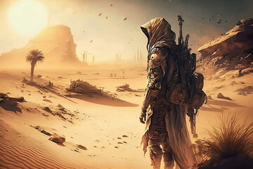 Naklejka premium Sci fi warrior in a desert landscape, travelling, fantasy. generative ai