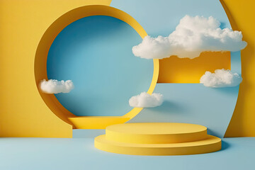 Product stand, 3d render, abstract background with blue sky inside the window on the yellow wall. white clouds fly inside the room with the vacant podium. blank showcase mockup with empty round stage
