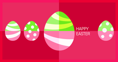 Happy Easter greetings card in vivid colors with easter eggs. Vector illustration in flat minimalistic style for poster, banner, social media post, invitation.