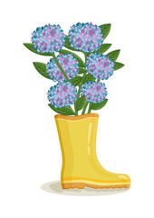 Bouquet of hydrangea flowers rain boot. Spring composition for women's day, mother's day, easter and other holidays. Spring floral design isolated vector illustration.