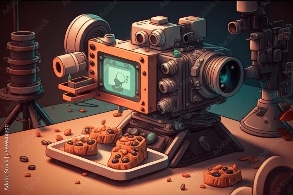Poster working in a chip factory is an artificial intelligence machine with a camera sensor. generative ai
