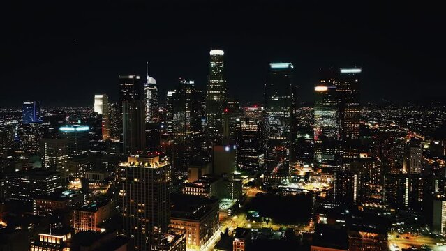Aerial panoramic view of Los Angeles downtown at night. Aerial Shoot, Night Los Angeles, Amazing Landscape, California, City Lights. The iconic Los Angeles skyline cityscape. Downtown Los Angeles. 